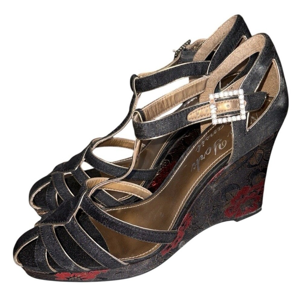 NY Transit Womens Wedge Sandals Size 8.5 Red Gold Floral Print Strappy Heels